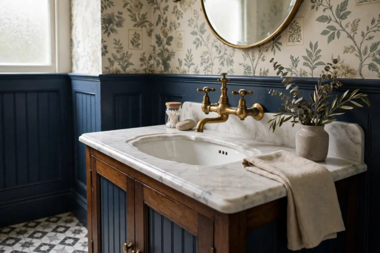 Vintage style brass faucet in a powder room