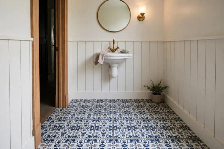 Patterned floor tile in a small powder room