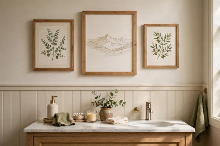 Framed art and accessories in a guest powder room