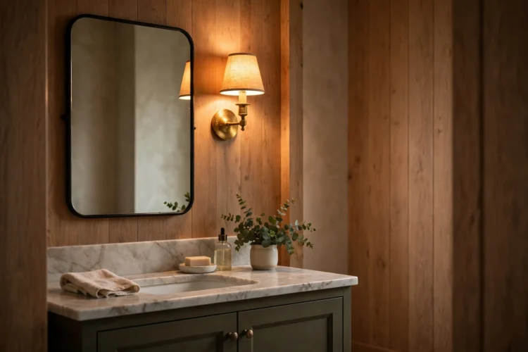 Warm sconce lighting beside a powder room mirror