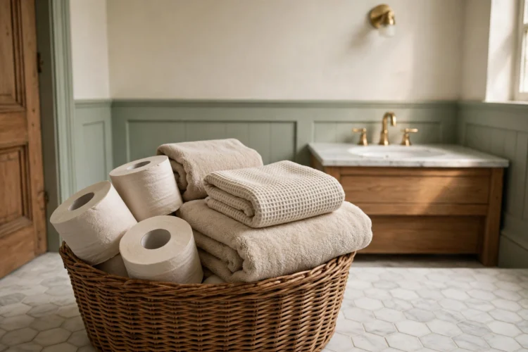 Basket of spare rolls and towels in a powder room