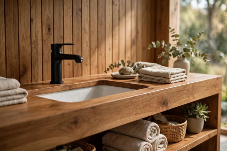 Matte black faucet on a warm wood bathroom vanity
