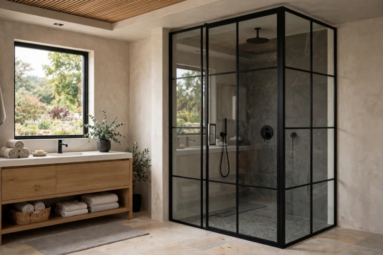 Black framed glass shower screen in a modern bathroom