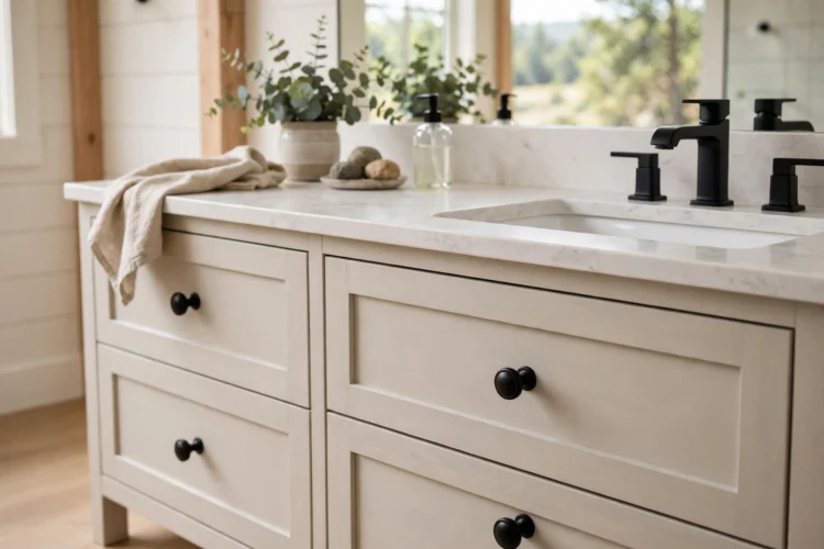 Black knobs on a light colored bathroom vanity