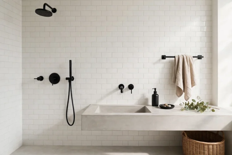 Black fixtures against soft white bathroom tile