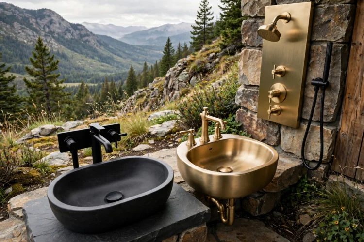 Black and brushed brass bathroom fixtures together