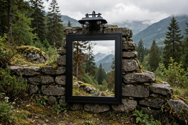 Black framed mirror with matching black light fixture