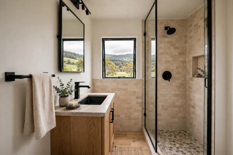 Black faucet and hardware accents in a small bathroom