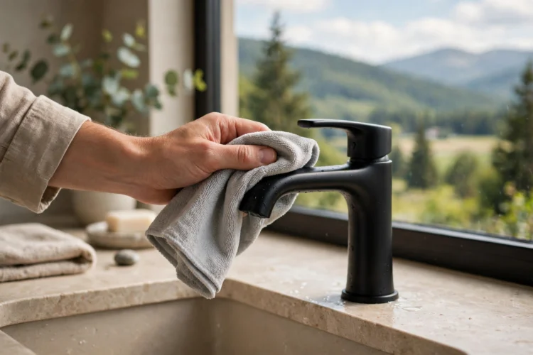 Cleaning a matte black bathroom faucet with a soft cloth