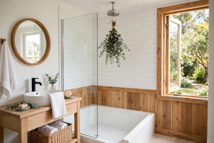 Eucalyptus bundle tied to a showerhead in a bright bathroom