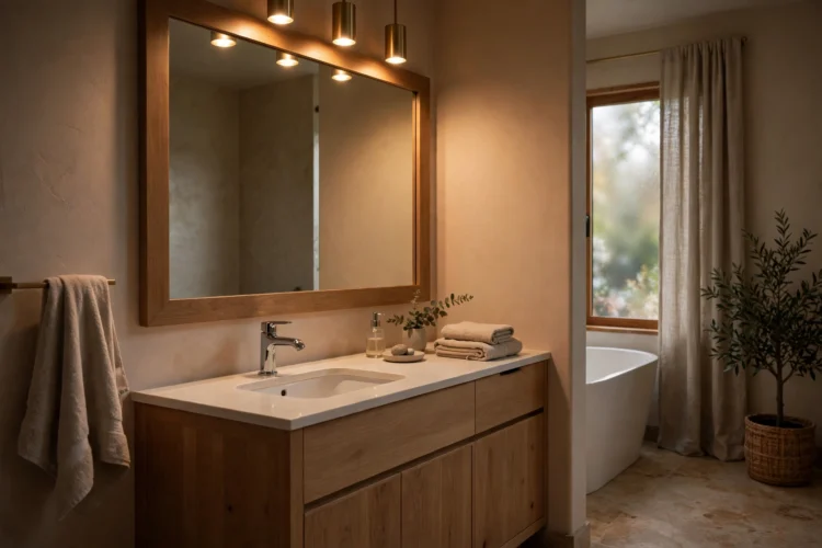Bathroom with warm dimmable lighting over the vanity