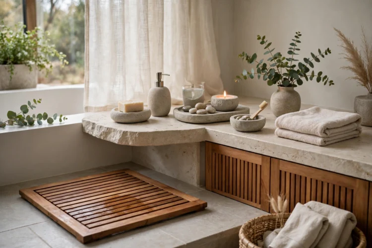 Teak bath mat and stone accessories in a calm bathroom