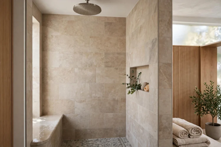 Wide rain showerhead in a tiled shower