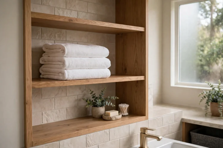 Neat stack of white towels on an open bathroom shelf