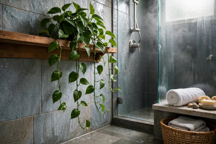 Trailing pothos plant on a shelf in a humid bathroom