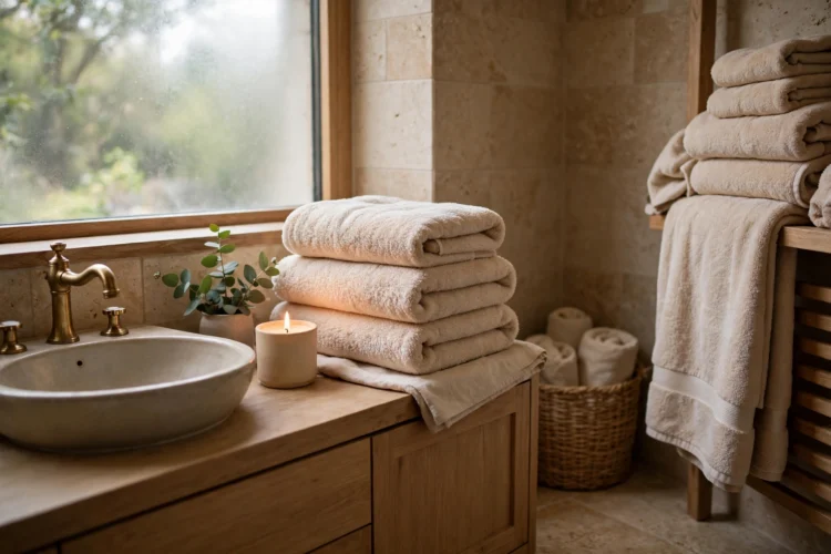 Quiet bathroom with a candle and warm towels ready