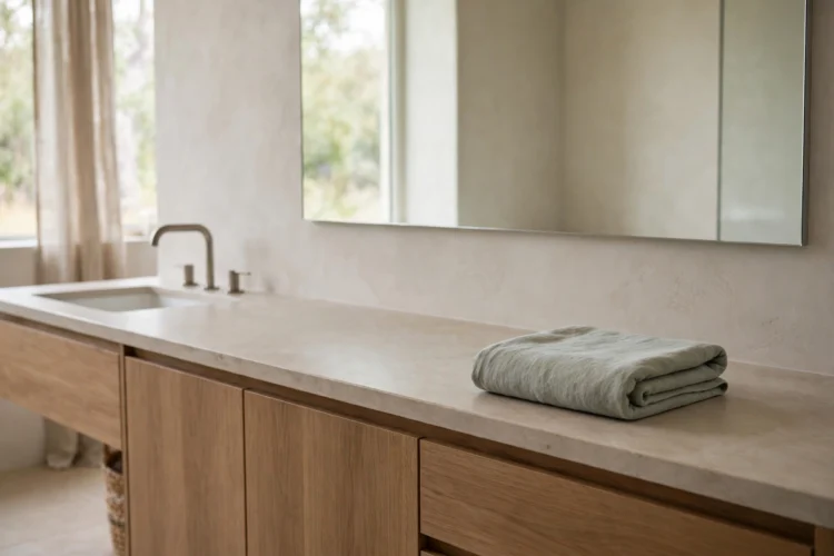 Tidy bathroom counter kept clear with one folded towel