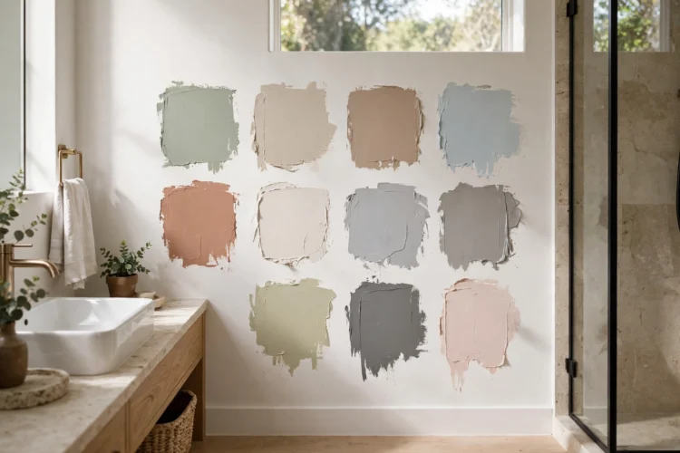 Bathroom wall with paint swatches tested in daylight