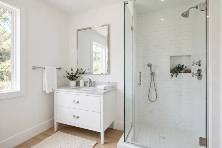Crisp white painted bathroom with chrome fixtures