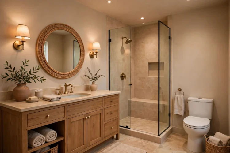 Warm neutral painted windowless bathroom