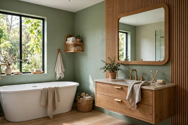 Sage green painted bathroom with wood accents