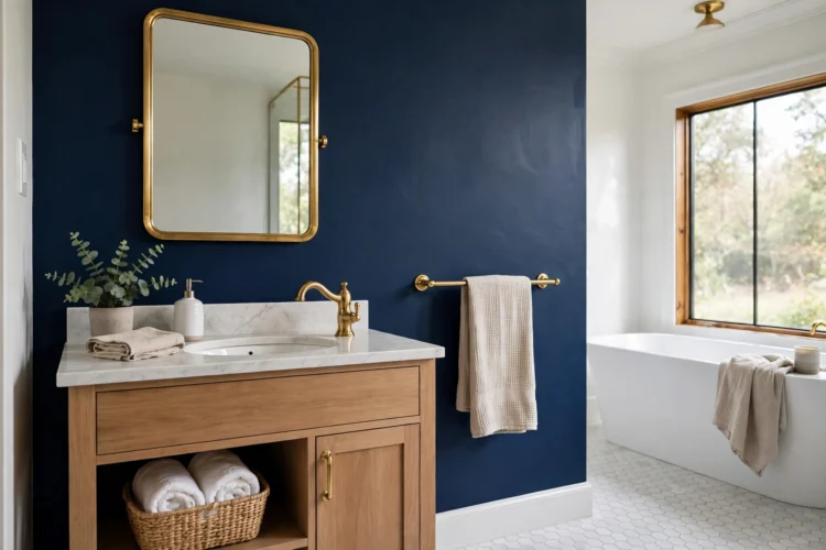 Navy accent wall in a bathroom with brass fixtures