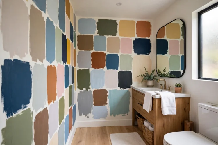 Large paint swatches on two bathroom walls