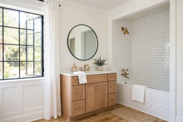 Freshly painted bathroom with bright white trim