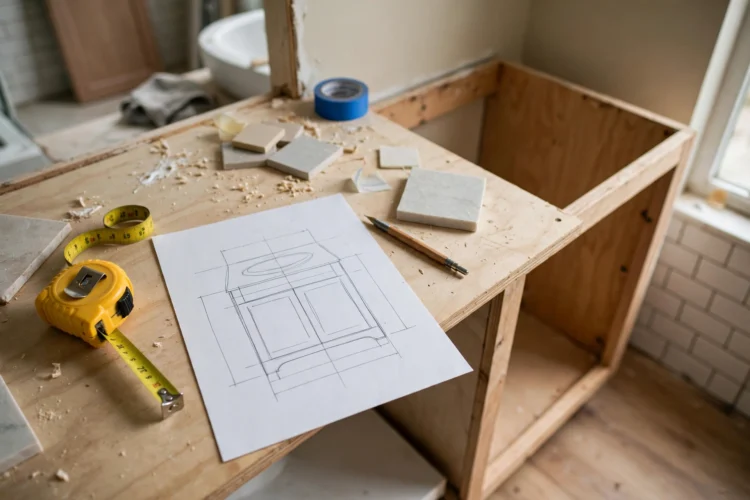 Tape measure and notes for planning a small bathroom vanity