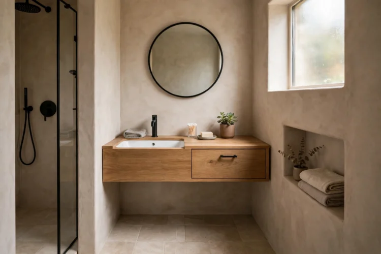 Wall hung vanity with open floor beneath in a small bathroom