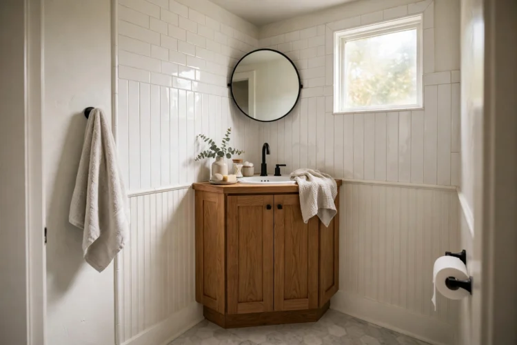 Corner vanity tucked into a small bathroom corner