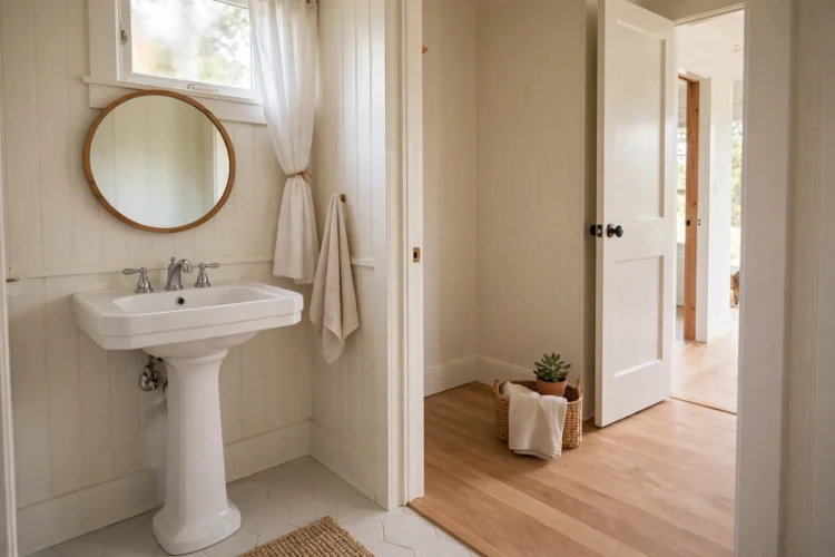 Pedestal sink in a tiny bathroom with open floor space