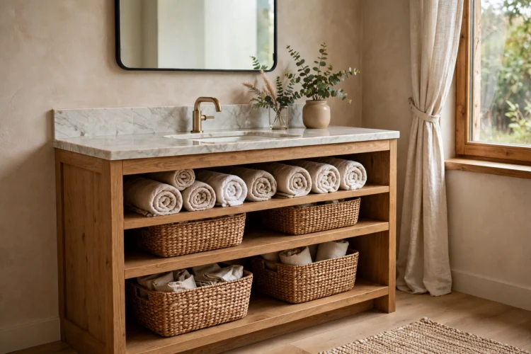 Vanity with open shelving holding rolled towels and baskets