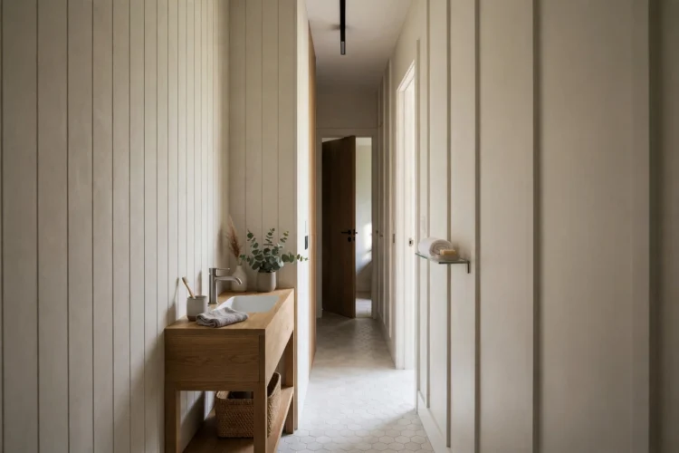 Narrow depth vanity in a skinny bathroom walkway