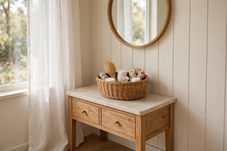Tidy small vanity counter with one basket for daily items