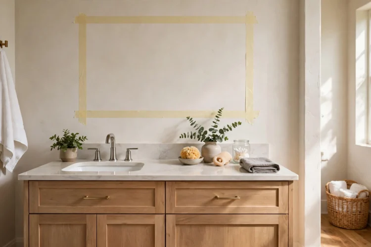 Painter tape outline marking mirror size over a bathroom vanity