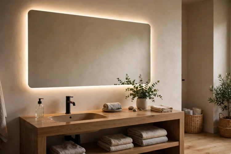 Backlit bathroom mirror glowing evenly over a vanity
