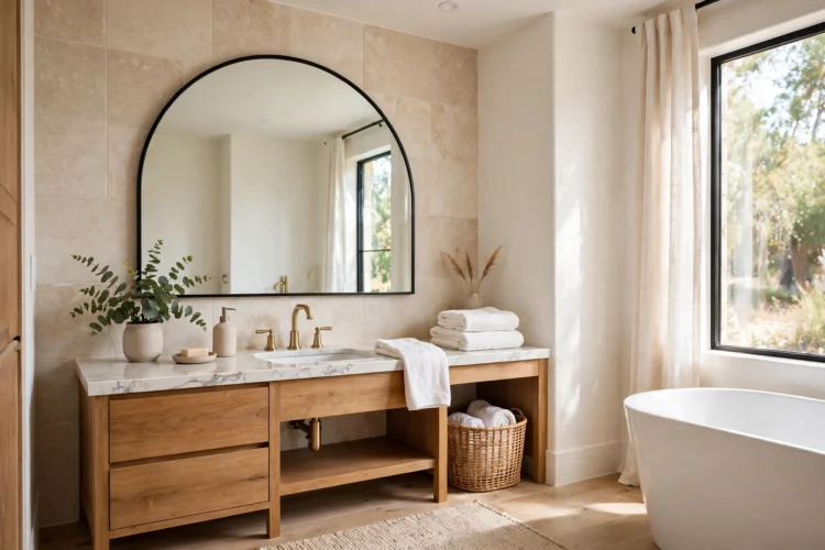 Arched mirror with a curved top in a bright bathroom