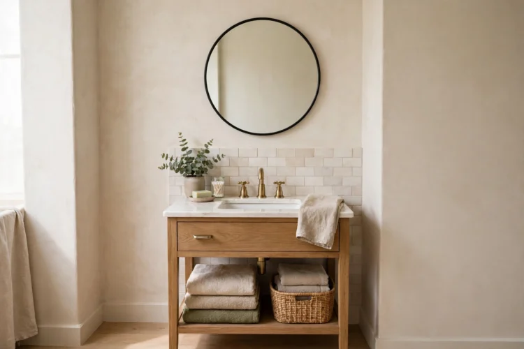 Round mirror over a small bathroom vanity