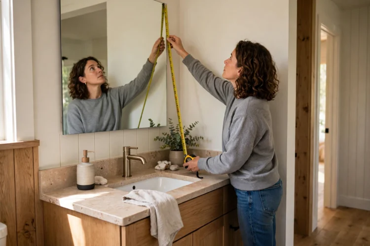 Person checking mirror height at a bathroom sink