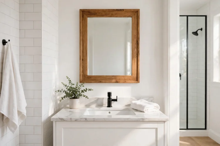 Wood framed mirror in a white bathroom