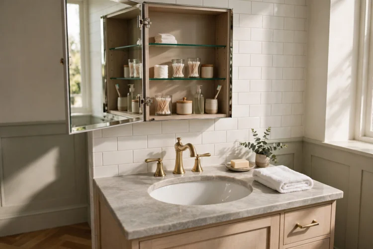 Mirrored medicine cabinet open above a bathroom sink