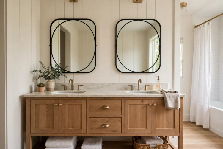 Two matching mirrors over a double bathroom vanity