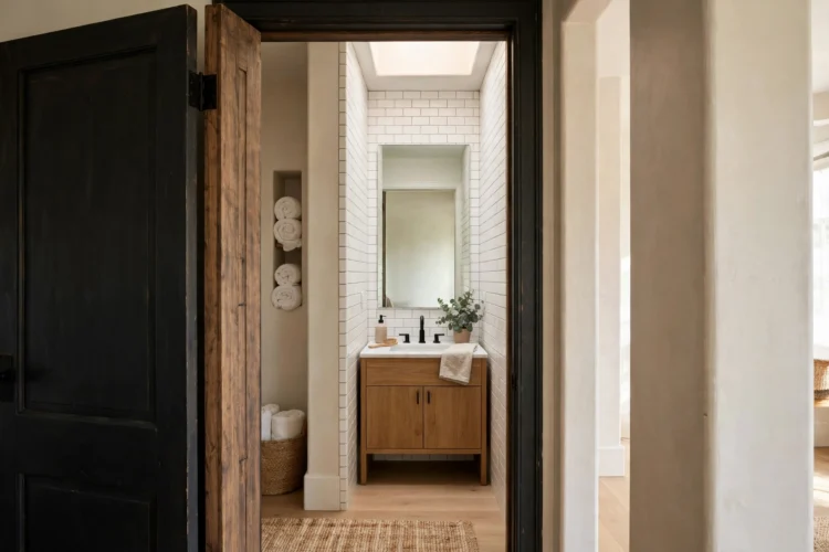 View from the doorway into a narrow bathroom with a far mirror