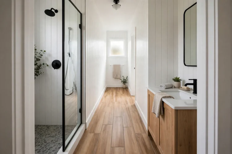 Lengthwise floor tiles stretching a narrow bathroom