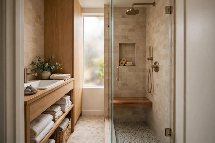 Clear glass shower panel in a narrow bathroom