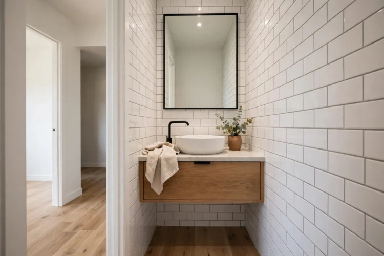 Wall hung vanity showing open floor in a narrow bathroom