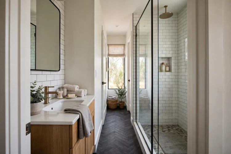 Clear sight line down the length of a narrow bathroom
