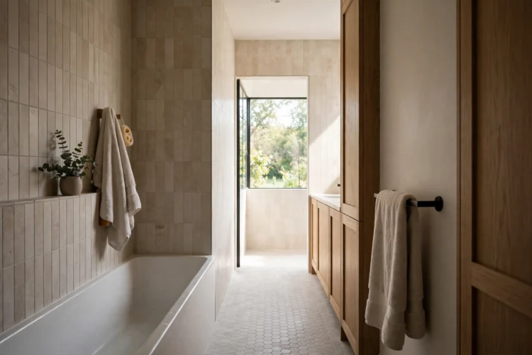 Lit far wall at the end of a narrow bathroom