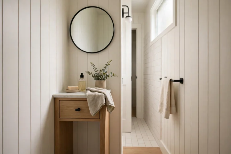 Narrow vanity with a round mirror in a skinny bathroom